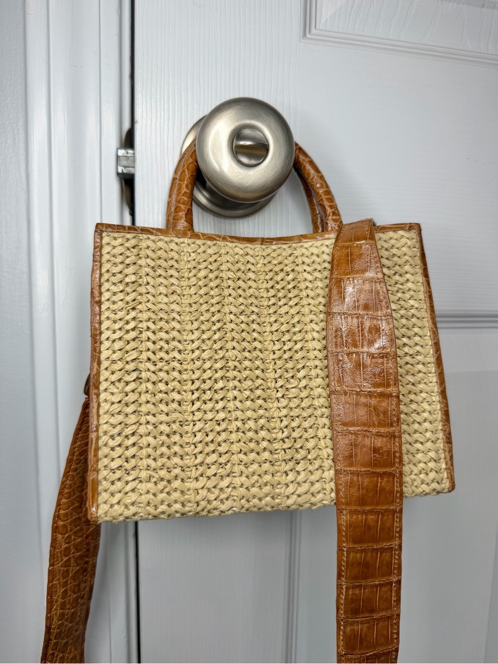 NANCY GONZALEZ Mini Straw Croc Tote Purse Crossbody Bag Handbag.